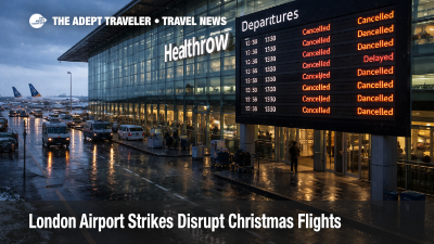 London airport strikes Christmas, canceled flights and delays on a Heathrow departures board at winter dusk.