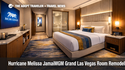 MGM Grand Las Vegas room remodel, renovated king room with wall mounted TV, blackout drapes, and walk in shower