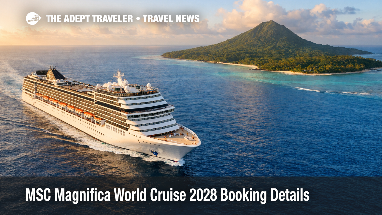 MSC Magnifica world cruise 2028 ship underway at sea, signaling 115-night itinerary planning and port logistics.
