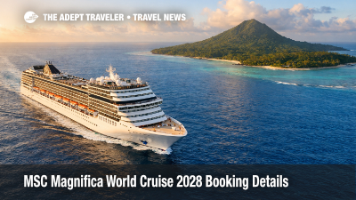 MSC Magnifica world cruise 2028 ship underway at sea, signaling 115-night itinerary planning and port logistics.