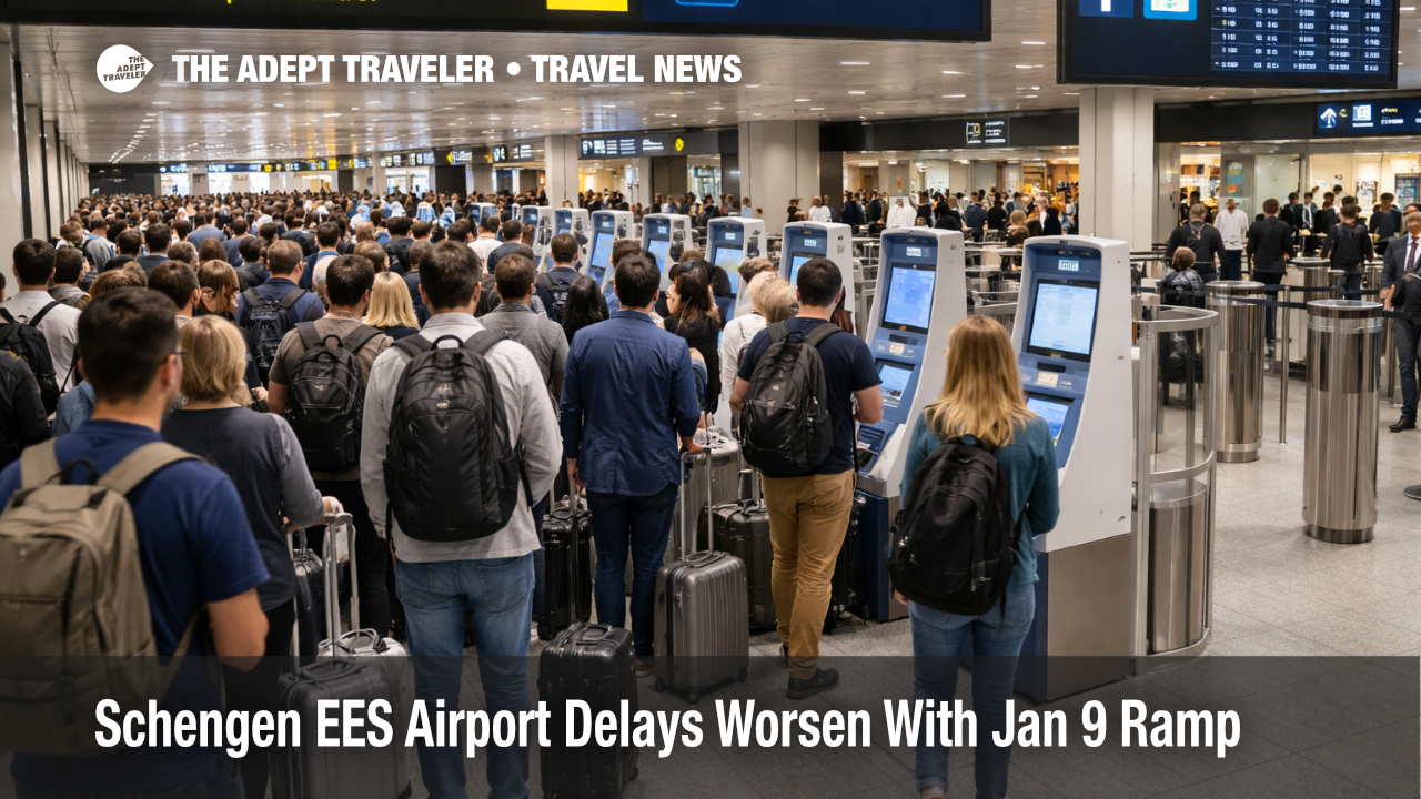 Schengen EES airport delays shown by a long non EU arrivals queue at Frankfurt Airport biometric kiosks