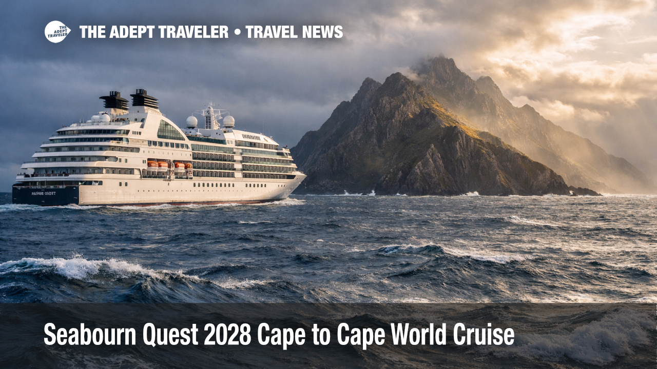 Seabourn Quest 2028 World Cruise ship sails near Cape Horn as travelers plan early booking and Dover return
