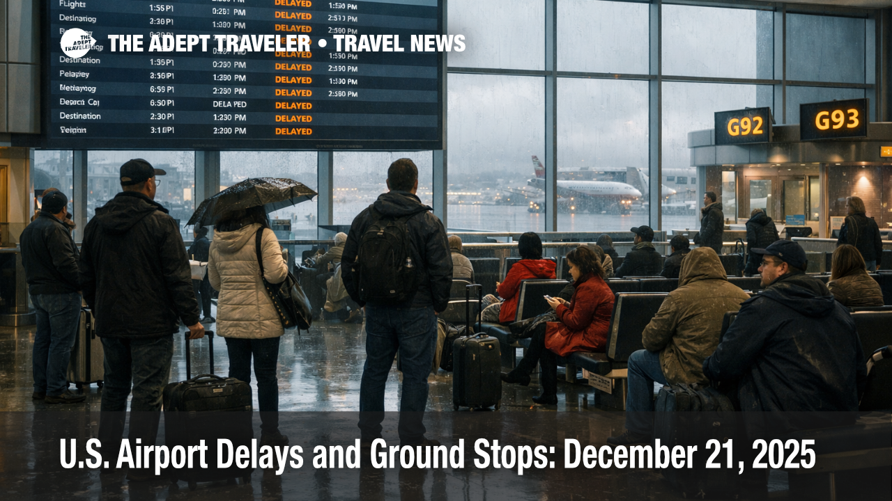 U.S. airport delays December 21 show at SFO as travelers watch boards during rain and wind disruptions