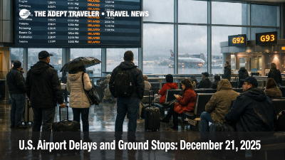 U.S. airport delays December 21 show at SFO as travelers watch boards during rain and wind disruptions