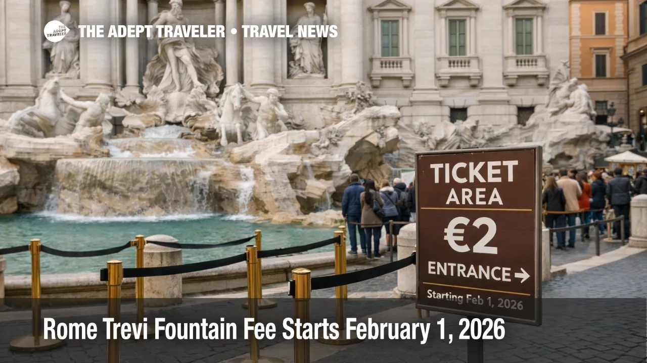 Rome Trevi Fountain fee sign and queue lanes show where tourists pay €2 for close daytime access starting Feb 1, 2026