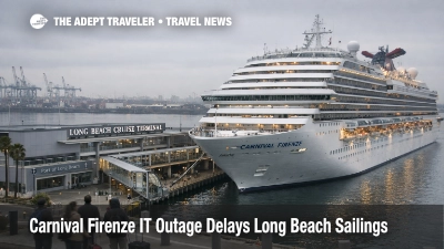 Carnival Firenze IT outage delay at Long Beach cruise terminal as passengers wait beside the ship