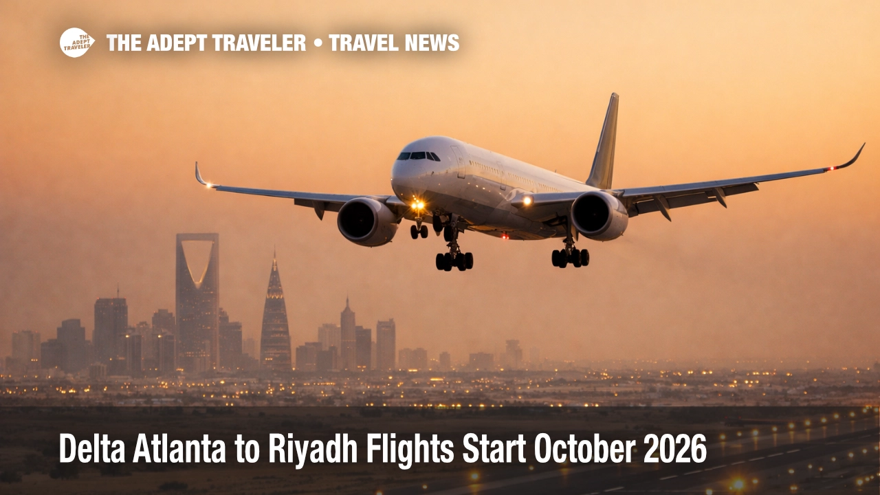 Delta Atlanta Riyadh flights, an A350 900 approaches Riyadh at dusk, signaling a new nonstop option for travelers