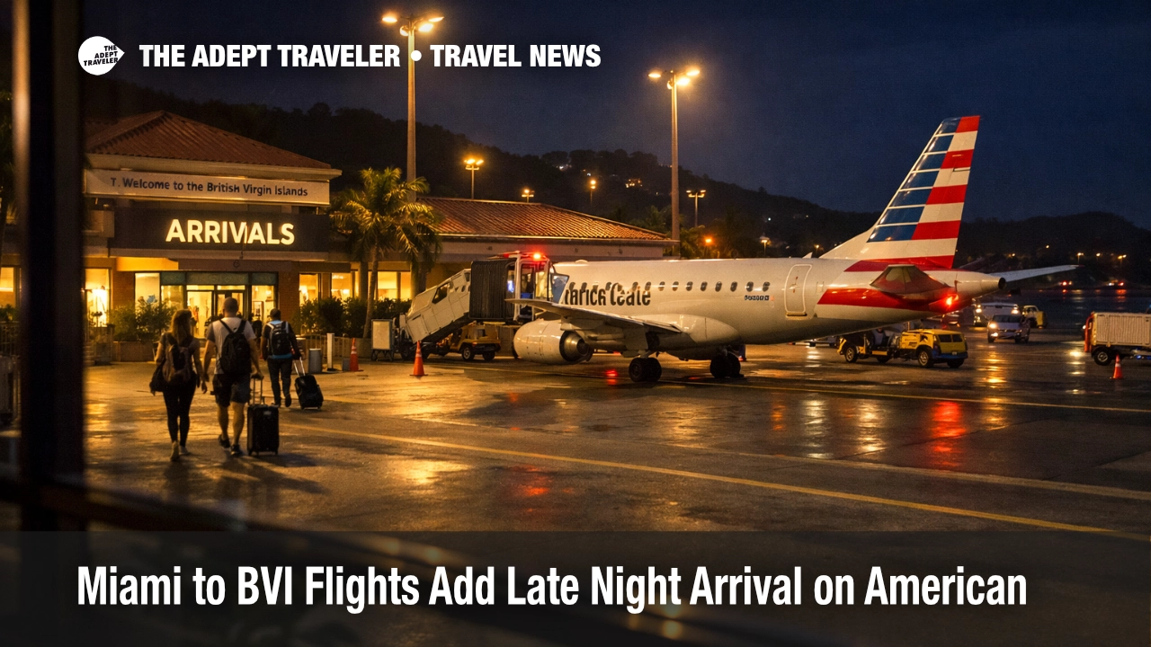 Miami BVI overnight flights show an American jet arriving after dark at EIS, signaling a late arrival option