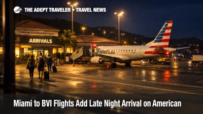 Miami BVI overnight flights show an American jet arriving after dark at EIS, signaling a late arrival option