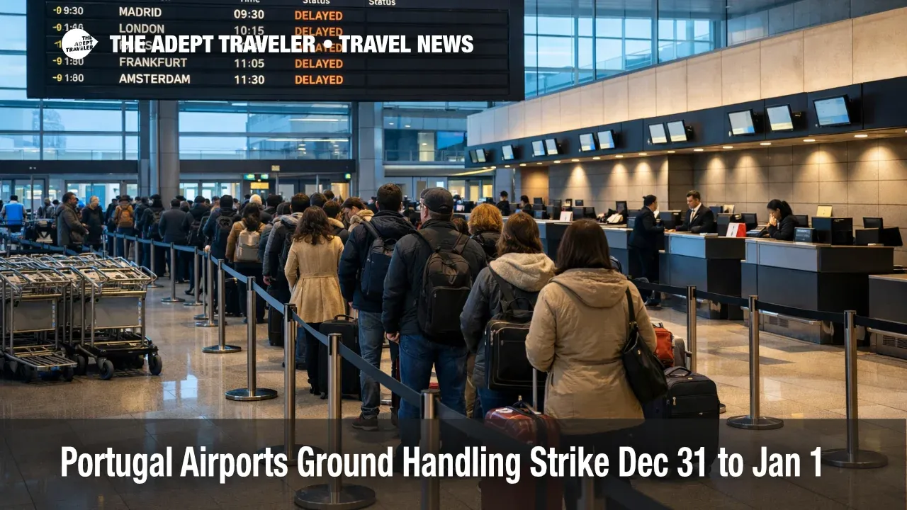 Portugal ground handling strike shows long bag drop lines at Lisbon Airport departures for New Year flights