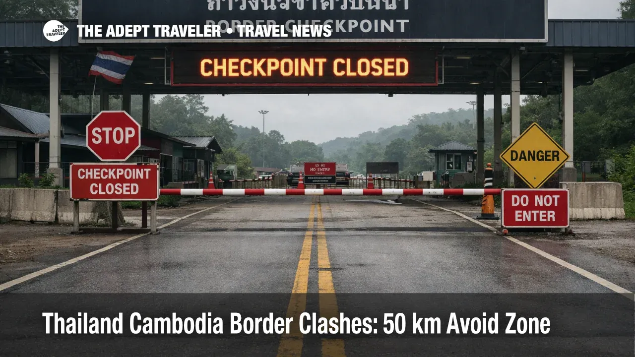 Thailand Cambodia border clashes shown by a closed land checkpoint, reinforcing the 50 km avoid zone for overland travelers