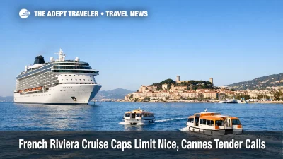 French Riviera cruise caps, a cruise ship at anchor off Cannes with tenders, highlighting tighter passenger limits