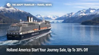 Holland America Start Your Journey sale image, ship cruising Alaska as travelers weigh upgrades, onboard credit, and booking deadlines