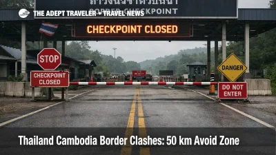 Thailand Cambodia border clashes shown by a closed land checkpoint, reinforcing the 50 km avoid zone for overland travelers