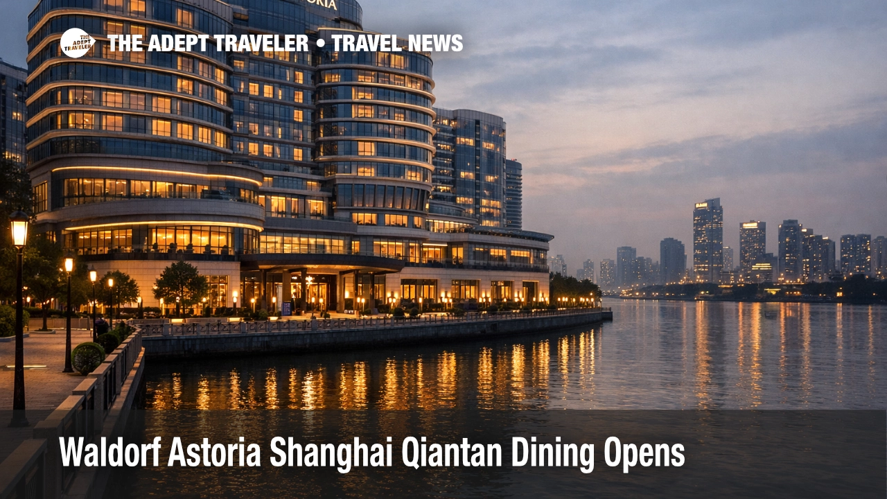 Waldorf Astoria Shanghai Qiantan dining, riverfront hotel exterior at dusk, signals new luxury reservations in Pudong