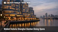 Waldorf Astoria Shanghai Qiantan dining, riverfront hotel exterior at dusk, signals new luxury reservations in Pudong