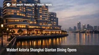 Waldorf Astoria Shanghai Qiantan dining, riverfront hotel exterior at dusk, signals new luxury reservations in Pudong