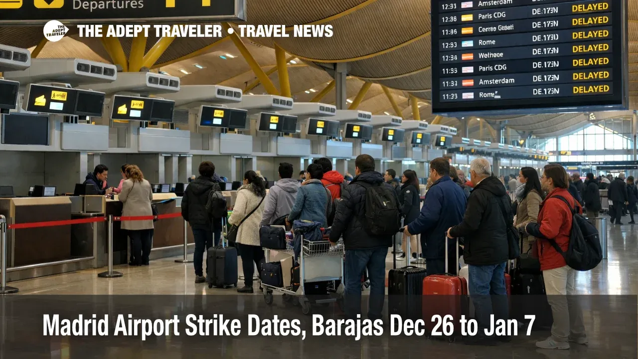 Madrid airport strike dates, travelers queue at Barajas T4 check in as delays and baggage disruption build