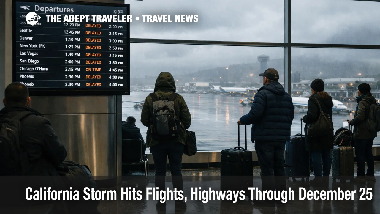 Traveler checks departures board at SFO as California storm flights and roads face delays and flooding