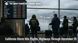 Traveler checks departures board at SFO as California storm flights and roads face delays and flooding