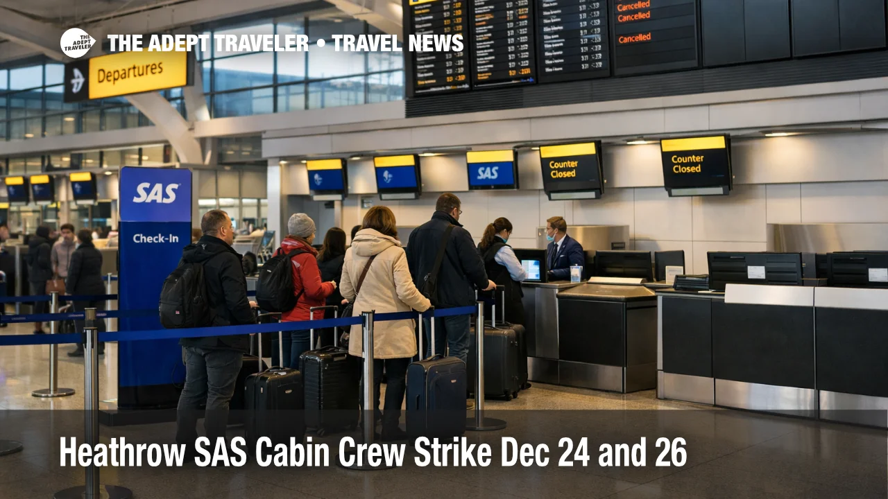 Heathrow SAS cabin crew strike delays, a small check in queue forms at a lightly staffed counter inside LHR