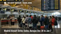 Madrid airport strike dates, travelers queue at Barajas T4 check in as delays and baggage disruption build