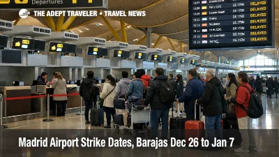 Madrid airport strike dates, travelers queue at Barajas T4 check in as delays and baggage disruption build