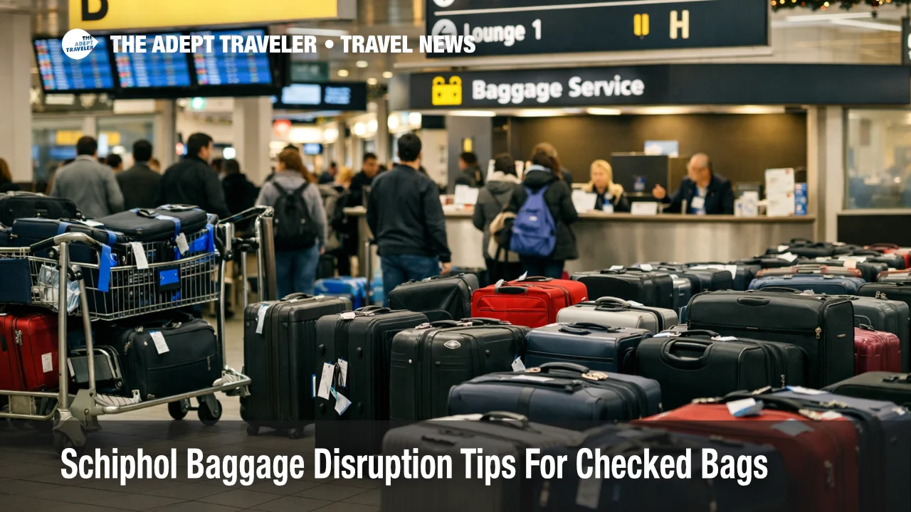 Schiphol baggage disruption, checked bags staged near a service desk as travelers face delayed luggage delivery