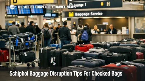 Schiphol baggage disruption, checked bags staged near a service desk as travelers face delayed luggage delivery