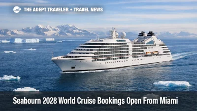 Seabourn 2028 world cruise ship Seabourn Quest sails past Antarctic ice as travelers plan Miami to Dover logistics