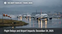 U.S. airport delays December 24 as jets queue on a rain soaked taxiway under low clouds at San Diego International
