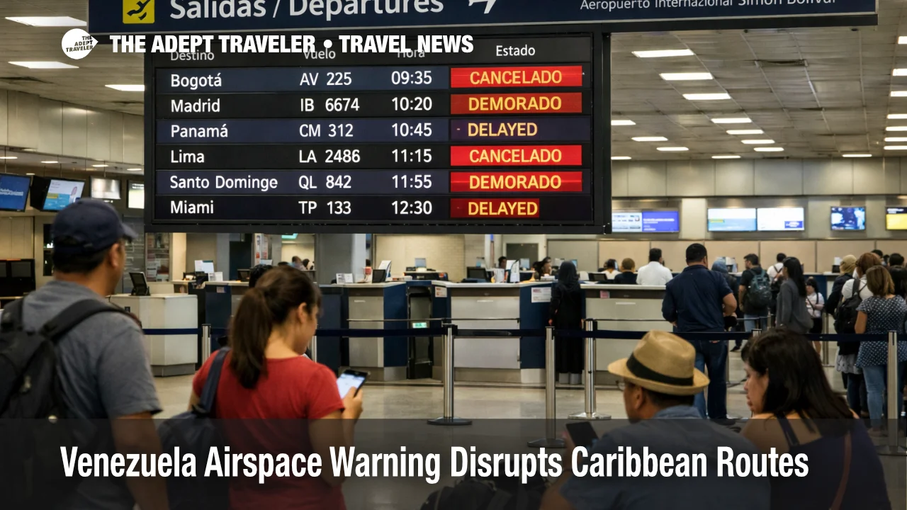 Venezuela airspace warning, canceled flights on a departures board at Simón Bolívar Airport, disrupting connections