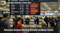Venezuela airspace warning, canceled flights on a departures board at Simón Bolívar Airport, disrupting connections