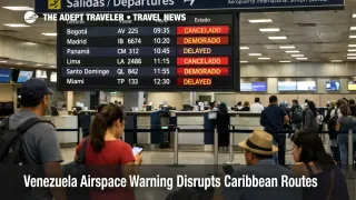 Venezuela airspace warning, canceled flights on a departures board at Simón Bolívar Airport, disrupting connections