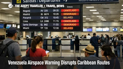Venezuela airspace warning, canceled flights on a departures board at Simón Bolívar Airport, disrupting connections