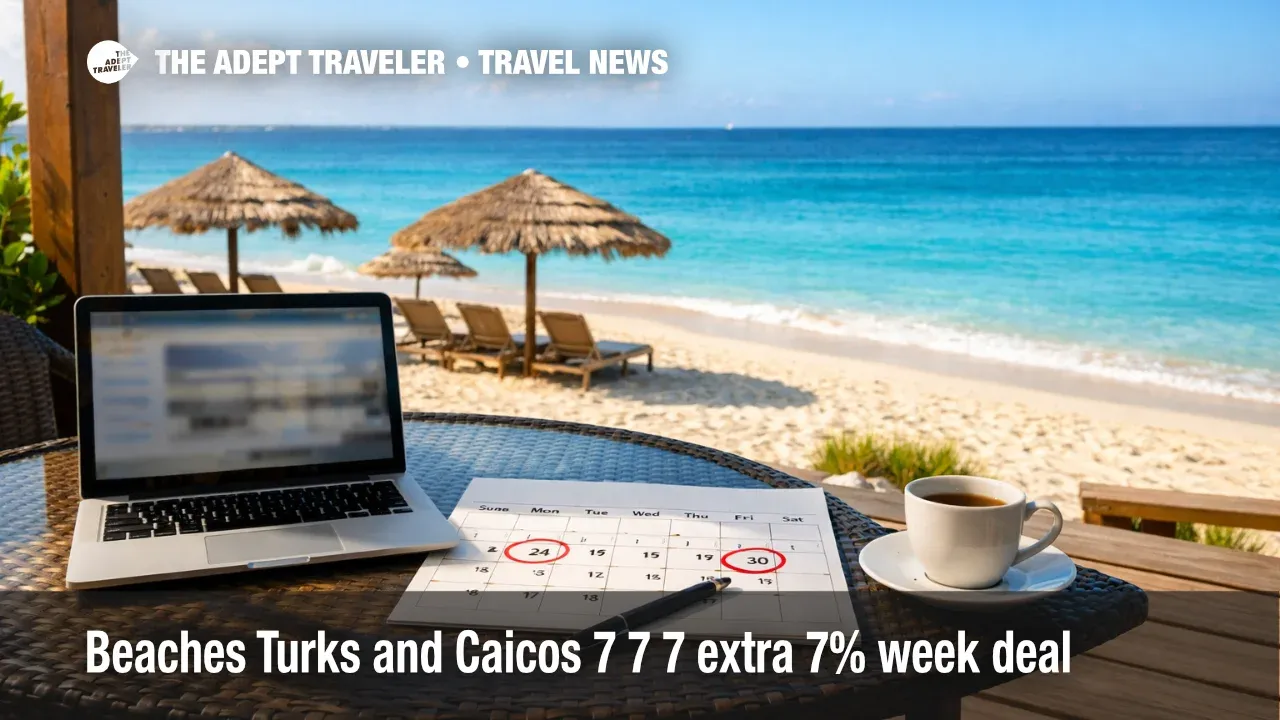 Beaches Turks and Caicos 7 7 7 sale, laptop on a quiet Grace Bay patio signals a short booking window