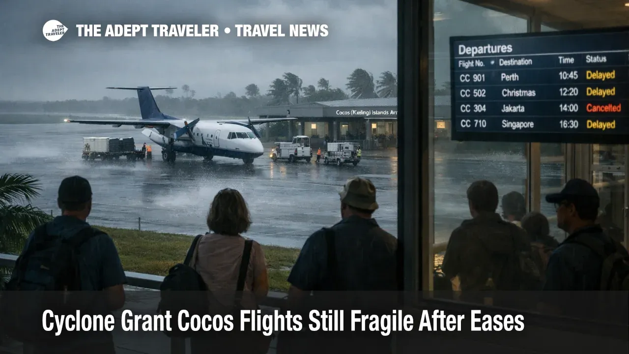 Cyclone Grant Cocos flights show delays as travelers wait at Cocos (Keeling) Islands Airport under stormy skies