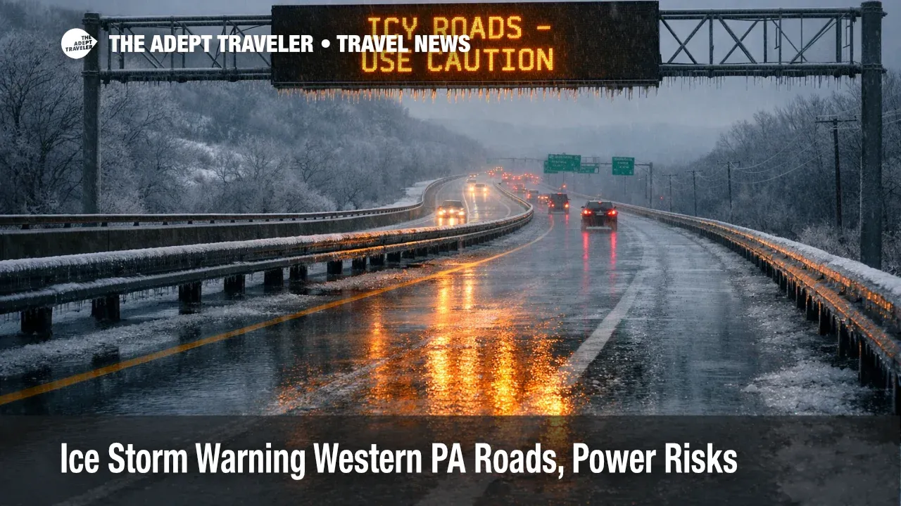 Western Pennsylvania ice storm warning ices an elevated highway, raising airport access and power outage risk