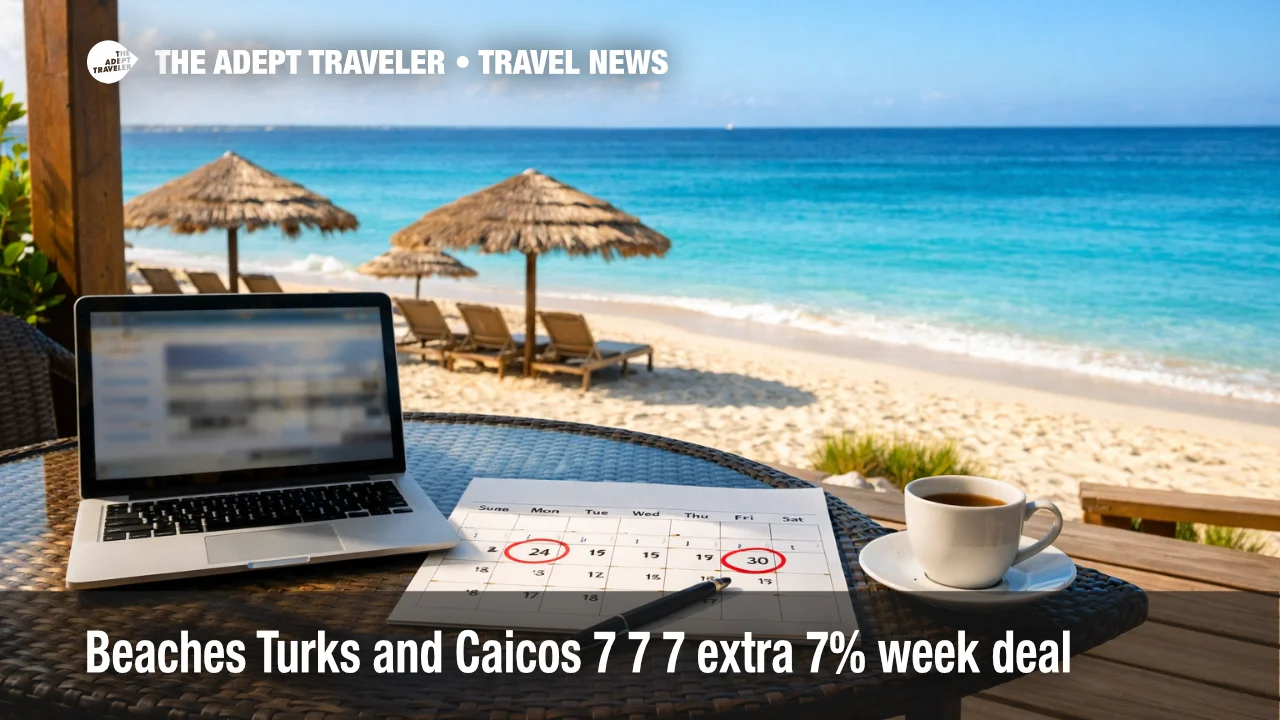 Beaches Turks and Caicos 7 7 7 sale, laptop on a quiet Grace Bay patio signals a short booking window