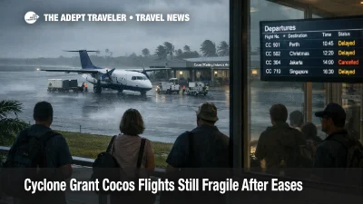 Cyclone Grant Cocos flights show delays as travelers wait at Cocos (Keeling) Islands Airport under stormy skies