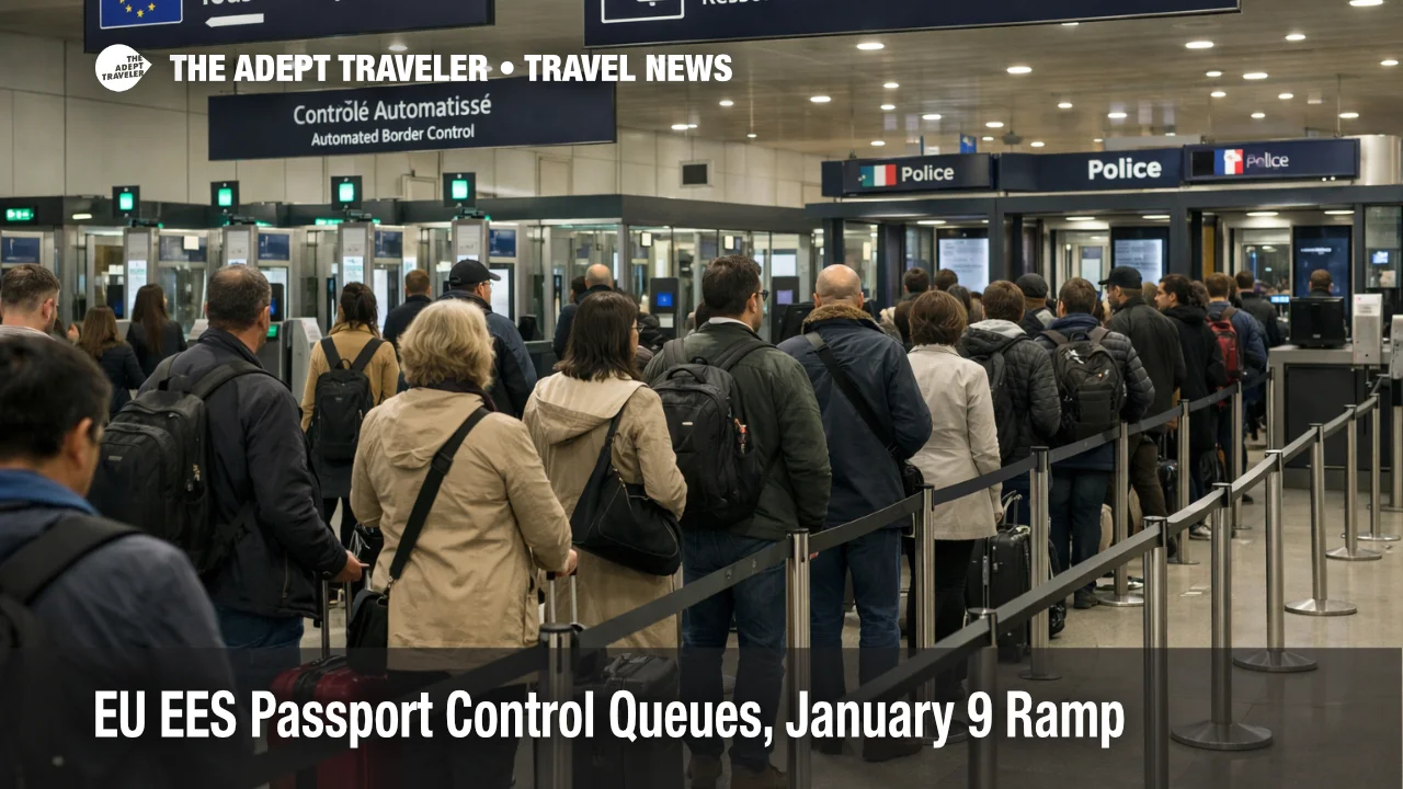 EU EES passport control queues grow in a Paris CDG arrivals hall as non EU travelers enroll biometrics before January 9 ramp