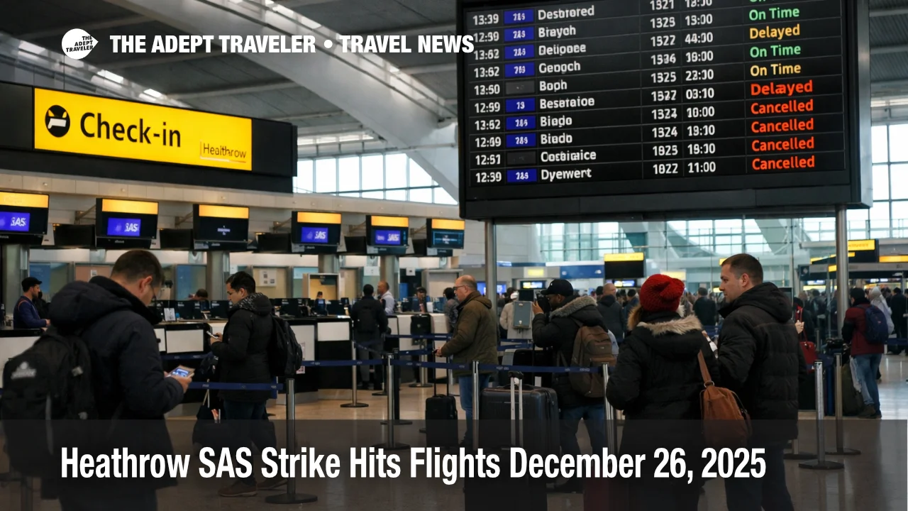 Heathrow SAS strike December 26 shown by delayed flights on departures board inside London Heathrow Airport
