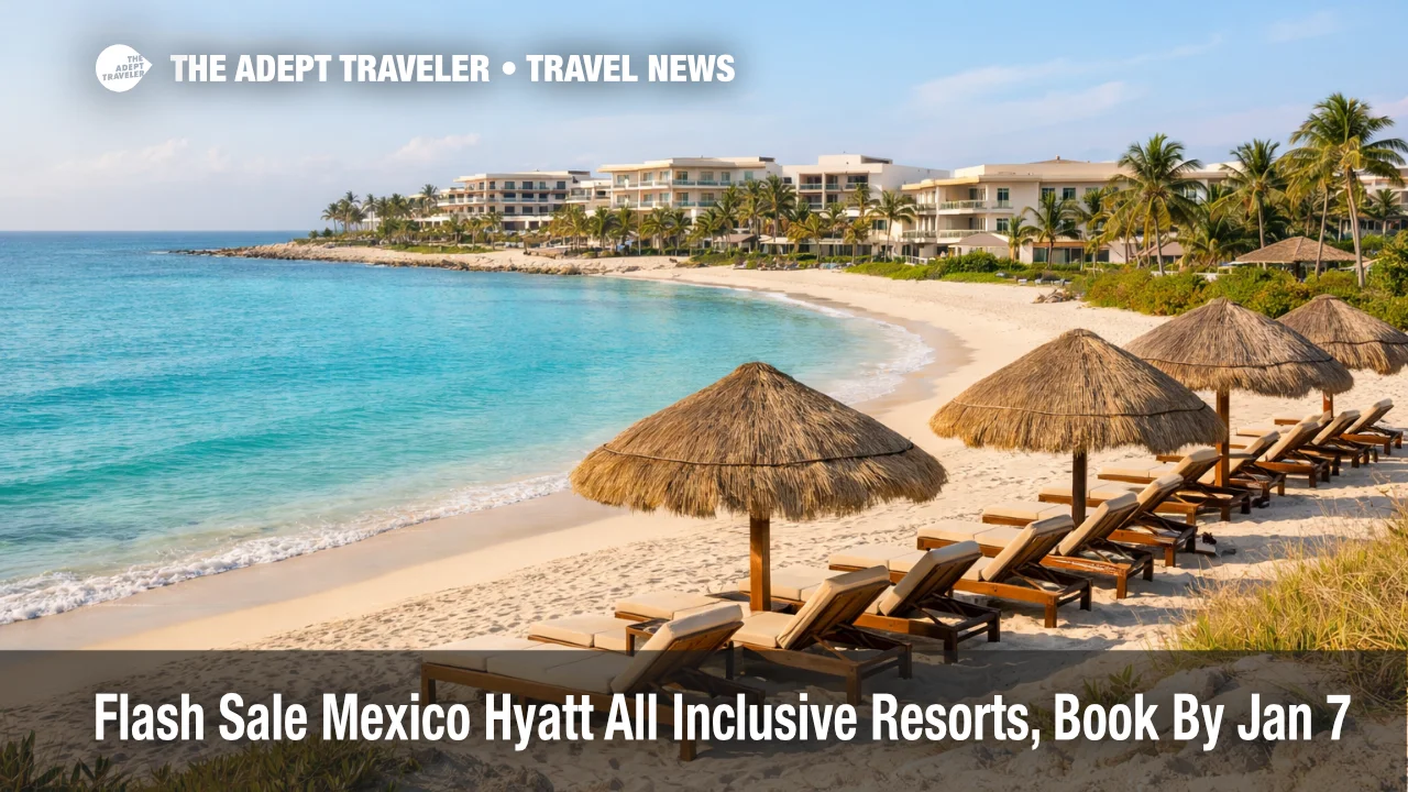 Hyatt Mexico all inclusive flash sale shown by empty Riviera Maya resort beach chairs and calm turquoise water