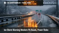 Western Pennsylvania ice storm warning ices an elevated highway, raising airport access and power outage risk