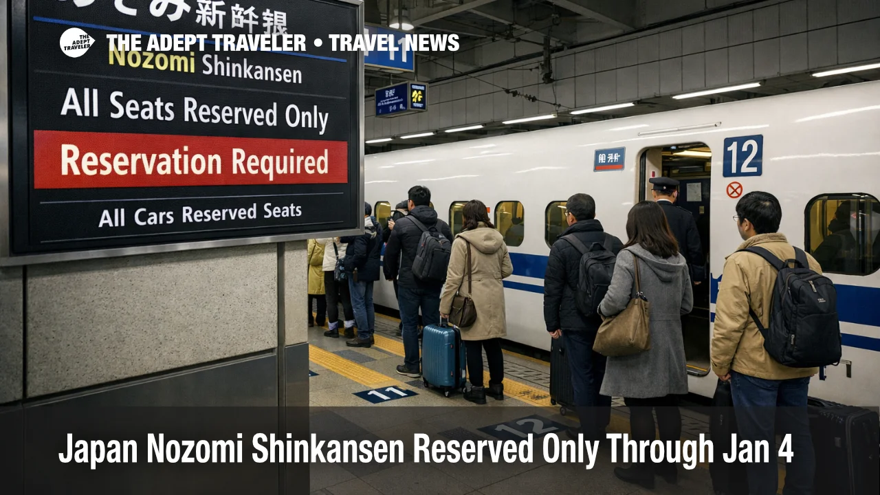 Japan Nozomi reserved seats only signage at Tokyo Station prompts travelers to book seats through January 4