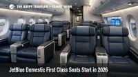 JetBlue domestic first class recliner seats in a front cabin, previewing the new premium option for 2026 flights.