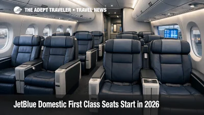 JetBlue domestic first class recliner seats in a front cabin, previewing the new premium option for 2026 flights.