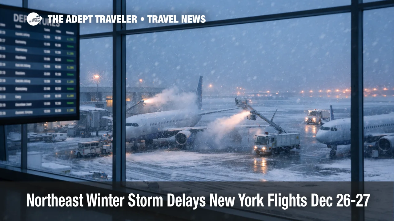 New York winter storm flight delays as snow and deicing slow departures at a New York area airport terminal at dusk