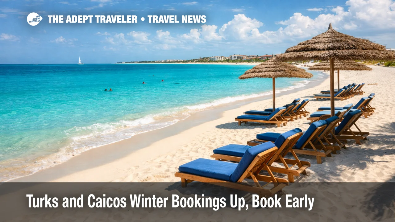 Turks and Caicos peak season travel, iconic Grace Bay Beach with turquoise water, white sand, and resort loungers under thatched umbrellas.