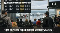 U.S. airport delays December 26 as travelers watch delayed flights on boards at San Francisco International Airport
